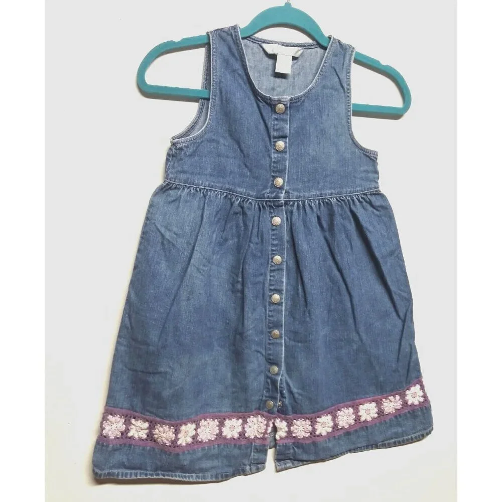 VTG Denim Dress Jumper Girls Sz L crochet floral lace button front fit flare EUC